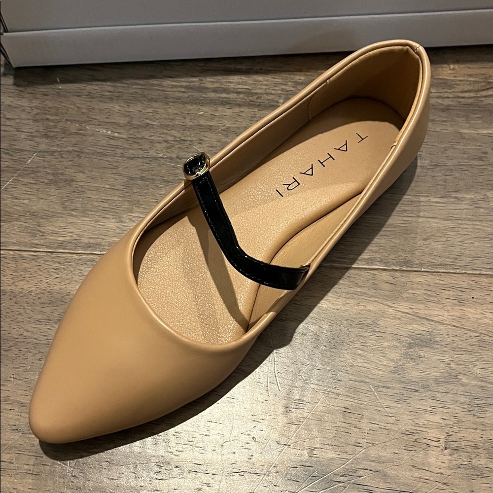 Tahari Beige Pointed Toe Flat with Black Strap